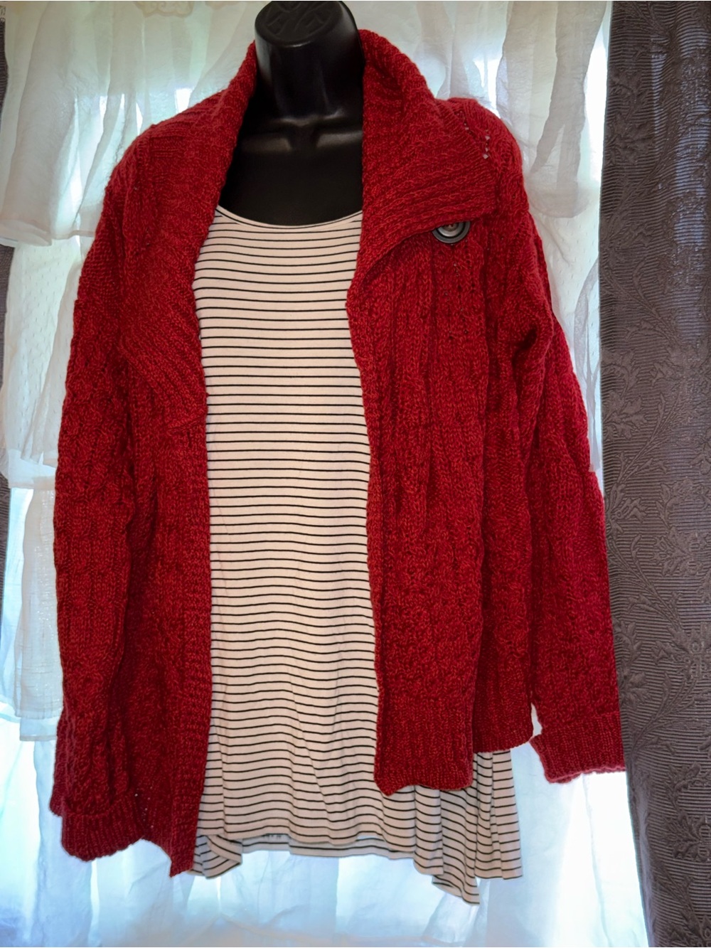 100% Merino Wool Open-Front Cable Knit Sweater Cardigan - Red